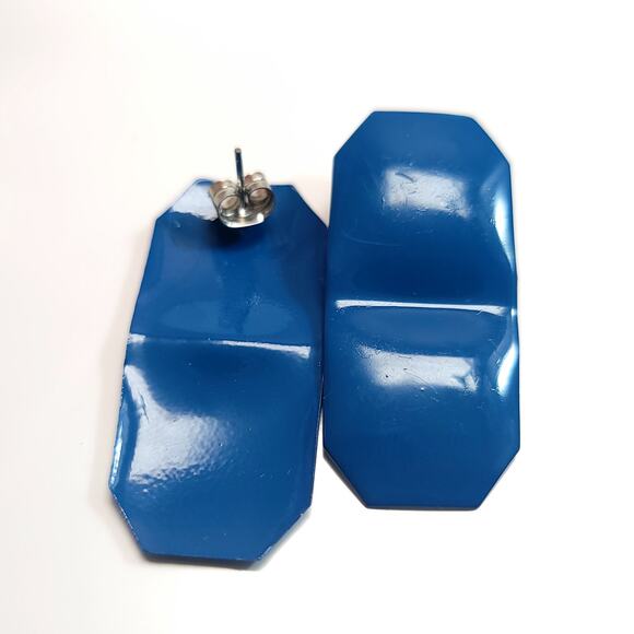 Vintage Blue Metal Octagonal Shaped Earrings, Glossy Finish, Bold Statement - Picture 4 of 10